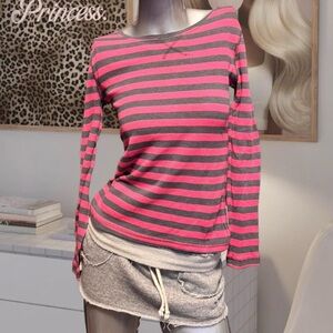 Y2K Vintage Pink/Grey Striped Thermal Long Sleeve Shirt
